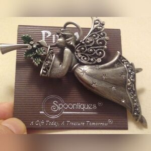 Vintage Signed JJ Pewter Trumpeting Angel Brooch